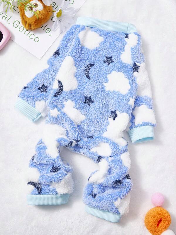 PETSIN 1pc White Star Printed Pet Jumpsuit, Blue And White Autumn And Winter Flannel Warm And Comfortable Pet Warm Clothes