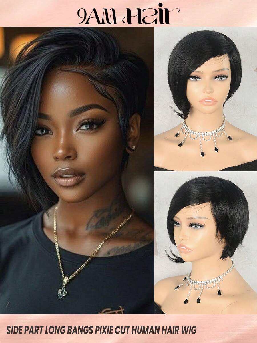 Parrucche corte pixie dritte in capelli umani con frangia, 20 cm, densità 150%, nero naturale, stile semplice da indossare, capelli umani Remy a strati, parrucche in capelli umani dall'aspetto naturale per uso quotidiano delle donne