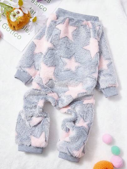 PETSIN 1件粉色五角星印花宠物连体衣，灰色秋冬季毛绒保暖舒适宠物保暖服