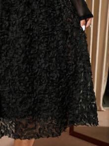 Cravure Plus Size Women Crew Neck Long Sleeve 3D Floral Mesh Hem Elegant Dress - Black - View 5