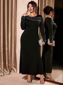 Cravure 大码女式珍珠装饰网纱拼接美人鱼连衣裙，性感复古优雅度假派对浪漫礼服 - 黑色 - 查看 1