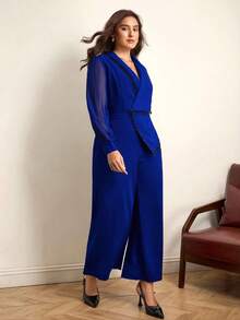 Chikora Plus Size Contrast Color Trim Long Sleeve Jumpsuit - Blue - View 6