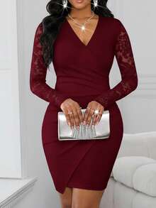 SHEIN Lady Women's Contrast Lace Long Sleeve V-Neck Ruched Fitted Elegant Mini Dress,Fall,Fall Clothes For Women,Women's Winter Clothes Wine Bodycon Dress Burgundy Bodycon Dress - Burgundy - View 3