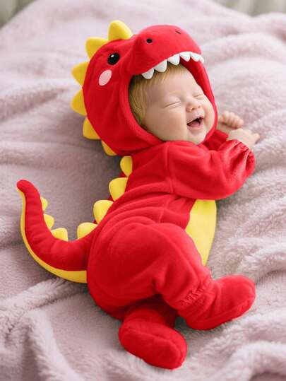 SHEIN 新生儿可爱趣味水晶毛绒3D恐龙造型连体衣，长袖长裤