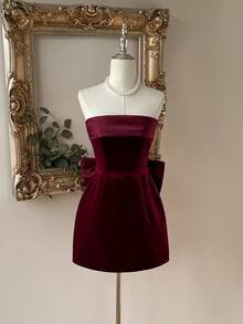 Lovelzi 优雅、浪漫、时尚、性感的丝绒缎面拼接长裙，饰有大蝴蝶结，无肩带设计，适合夜店、派对、海滩、度假、购物、下午茶、鸡尾酒会等场合。 - 酒紅色 - 查看 5