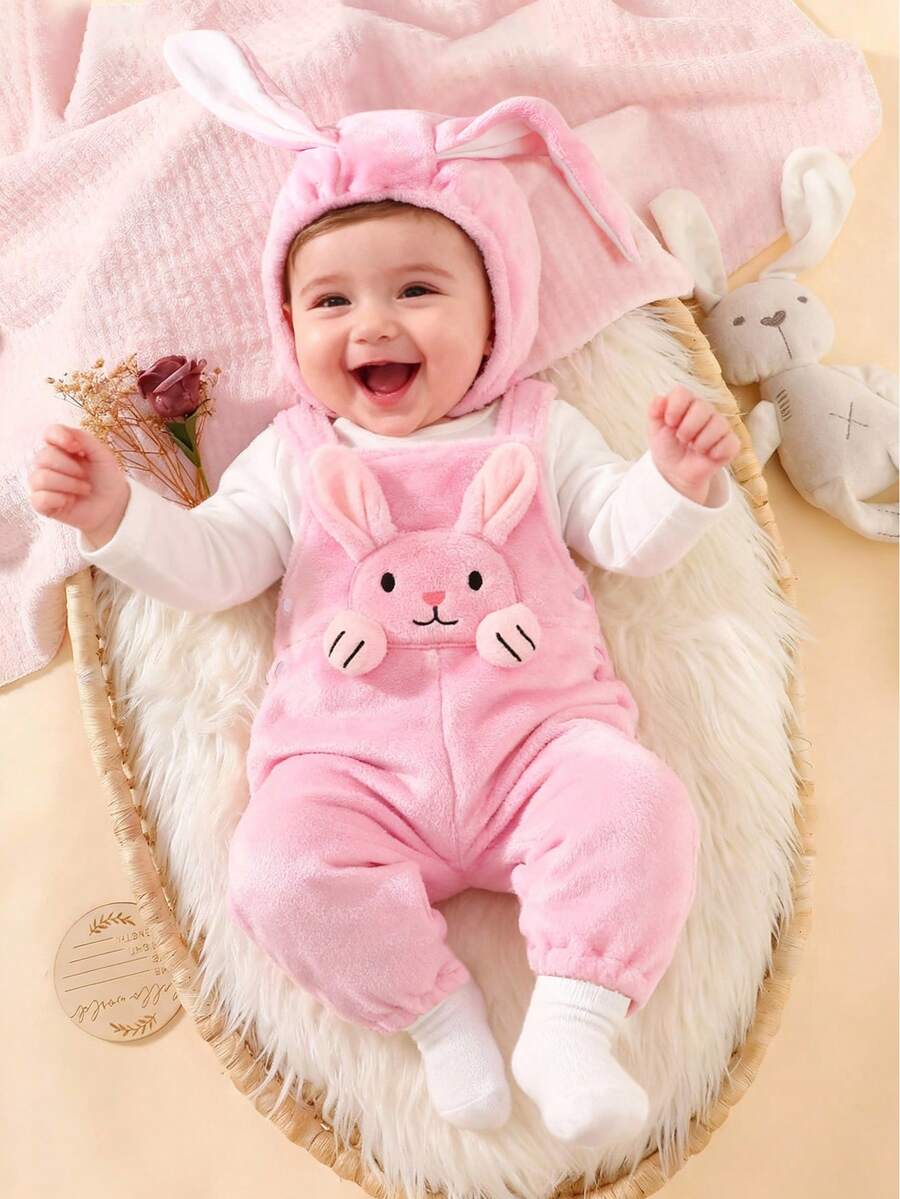 Newborn Baby Cute Rabbit Shaped Outfit Set, Includes Overalls, Long Pants, And Long Sleeve T-Shirt