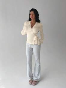 Flirla Women's Solid Color Minimalist Everyday Bowknot Crisscross Strap Cardigan, Fashionable & Versatile - Beige - View 4