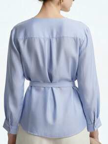 Aalyst 休闲通勤时尚高端奢华圆领插肩长袖褶皱亚麻混纺束腰宽松女式衬衫 - 藍色 - 查看 2