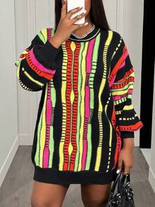 Slaydiva 秋冬新品，音乐节，复活节，西部风，游牧风，生日派对，日常休闲，百搭基础款，休闲，邮轮旅行，海滩，日光浴，爆款，街头风，朋克，夜店，黑色底彩色条纹波浪，长袖高领亮面纱线宽松大码毛衣连衣裙，非洲印花女装，非洲服饰，户外烧烤女装，六月节女装，牙买加服饰 - 彩色 - 查看 7
