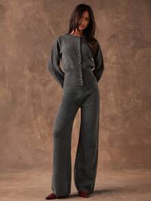 SHEIN BAE Bộ 2 áo khoác cardigan trơn màu và quần len thường ngày, Thu/Đông - Màu xám đen - Xem 1