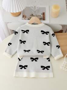 Autumn New Girls Grey Fairy Sweater Set,Elegant Jacquard Bow Design Long Sleeve Knit Top & Mini Skirt,Cute Clothes For Festivals,Daily Outings&Gifts - Multicolor - View 2