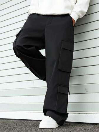 Street Life Men's Casual Loose Fit Solid Color Wide Leg Pants, Black Wide Leg Trousers, Autumn