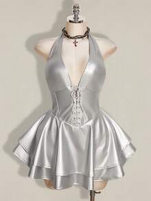 SHEIN ICON 大码Y2K时尚辣妹演唱会女装俱乐部派对节日锐舞装Y2K外出交叉绑带PU皮革露背迷你吊带黑色连衣裙 - 銀色 - 查看 3