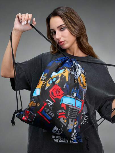 Transformers X SHEIN 1pc Cartoon Print Drawstring Backpack, Adjustable Shoulder Strap, Gym Bag, Canvas Backpack, Casual Bag, Travel Bag, Sports Beach Bag, Suitable For Men, Women, Boys, Girls, Grimlock, Autobots,Gift Ideas