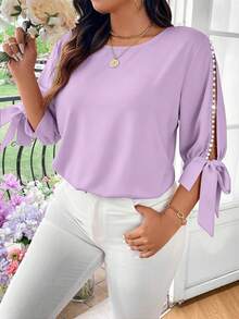 EMERY ROSE Blusa elegante y casual de mujer talla grande con hombros descubiertos, de tejido sólido y con lazo de perlas