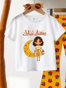 SHEIN 女童印花短袖上衣和碎花喇叭裤套装，舒适的春夏装，女童服装，适合休闲/户外穿着，快乐，节日气氛 - 彩色 - 查看 4