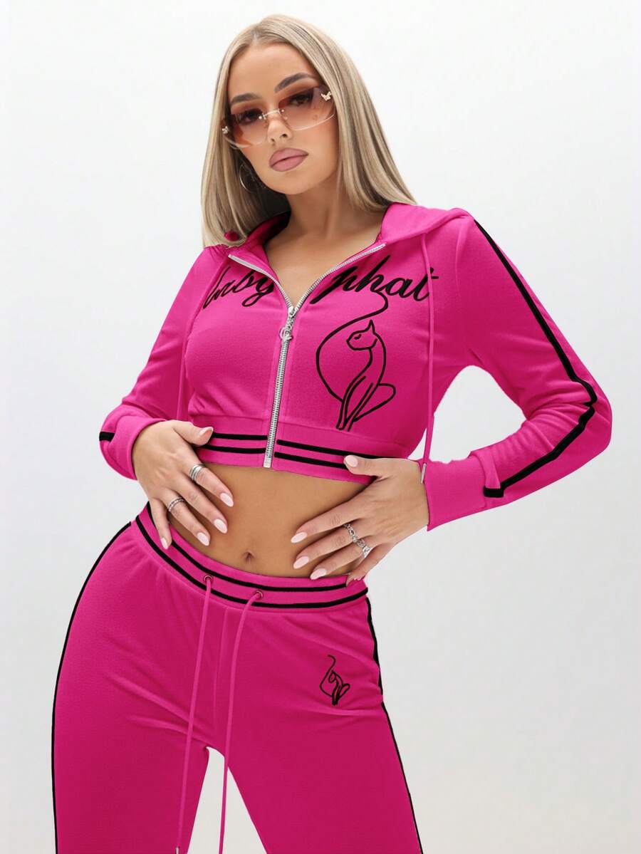 BABYPHAT Velour Hooded Zip Up Sweatshirt With Embroidered Script Logo And Side Stripe Detail For Women - Hot Pink - View 1