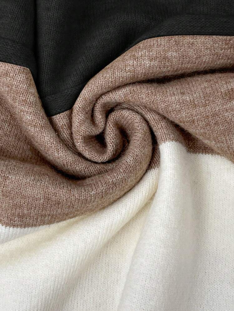 カラーブロック ウェーブパターン ラウンドネック プルオーバーセーター、パーティー、音楽フェス、ホームウェア、入学式、ギフト、ショッピングに。冬の女性ドレス、秋服、カントリートップス、ベーシックトップ