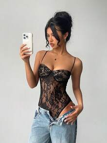 Aloruh 黑色细肩带透视修身性感蕾丝连体衣 - 黑色 - 查看 6