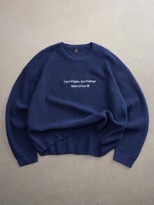 AXEPEAK 男士时尚宽松刺绣圆领长袖毛衣，秋冬 - 藏蓝色 - 查看 2