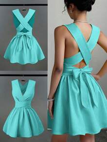 Franclia 女士浪漫优雅性感婚礼宾客纯色交叉 V 领无袖 A 字迷你连衣裙，演唱会服装百搭设计，适合海滩、派对、春夏口袋晚礼服露背奶油黄短裙 - 薄荷綠 - 查看 5