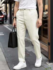 Calvornis 男士條紋圖案斜口袋定制西褲 - 米色 - 查看 3