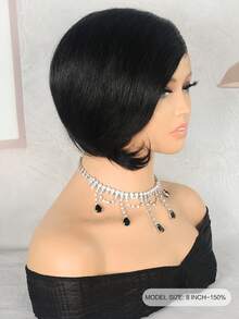 Parrucche corte pixie dritte in capelli umani con frangia, 20 cm, densità 150%, nero naturale, stile semplice da indossare, capelli umani Remy a strati, parrucche in capelli umani dall'aspetto naturale per uso quotidiano delle donne