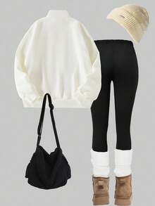 SHEIN ChillGRL 2 件套青少年女孩休闲拉链连帽衫和紧身裤套装，字母印花宽松长袖运动衫和紧身裤，适合春秋季街头服饰