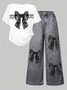 SHEIN ChillGRL 2 件套青少年女孩时尚街头蝴蝶结印花宽松短袖上衣和阔腿宽松裤套装，适合休闲外出，春夏季 - 白色 - 查看 3
