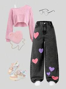 SHEIN ChillGRL Tween Girl Baggy Casual Washed Light Blue Denim Wide Leg Pants With Vintage Floral Embroidery, Comfortable & Versatile, School, Campus, College - Black - View 3