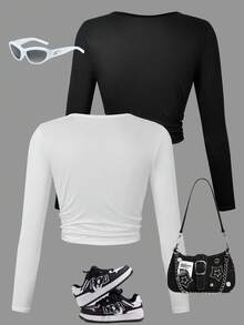 SHEIN ChillGRL 2 Stücke Grafik-Muster Langarm-Shirts für Tween Mädchen