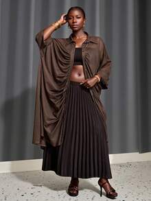 Veslaya Plus Size Women's Solid Color 3/4 Sleeve Single-Breasted Pleated Long Loose Jacket/Winter - Brown - View 9