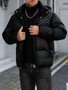 Manfinity CasualCool 男士几何图案拉链休闲连帽冬季外套 - 黑色 - 查看 4