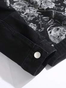 Chillumni Men's Black Autumn/Winter Washed  Loose Fit Jacquard Print Patchwork Black Rose Graphic Denim Jacket - Black - View 5