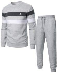 Manfinity Homme Women's Striped Crew Neck Long Sleeve Sweatshirt And Drawstring Waist Sweatpants, Street Fashion Casual Set Grey And White Set Jogger Set Casual Sets 2 Pieces Sweat Suite For Men 2 Pieces Set Men Street - Light Grey - View 1