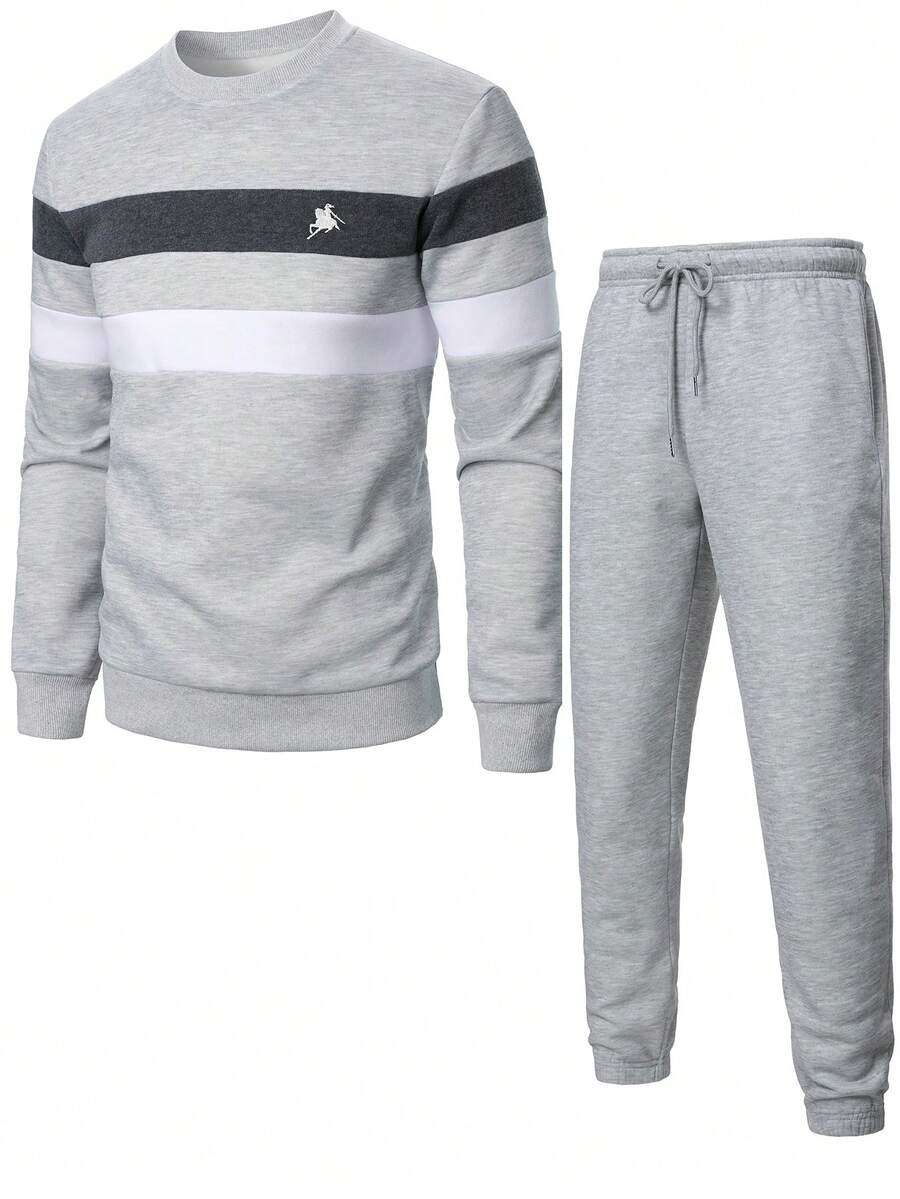 Manfinity Homme Women's Striped Crew Neck Long Sleeve Sweatshirt And Drawstring Waist Sweatpants, Street Fashion Casual Set Grey And White Set Jogger Set Casual Sets 2 Pieces Sweat Suite For Men 2 Pieces Set Men Street - Light Grey - View 1