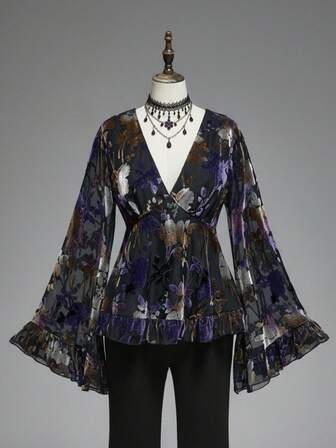 Goth Plus Size Ombre Floral Glitter Velvet Texture V-Neck Flare Sleeve Top