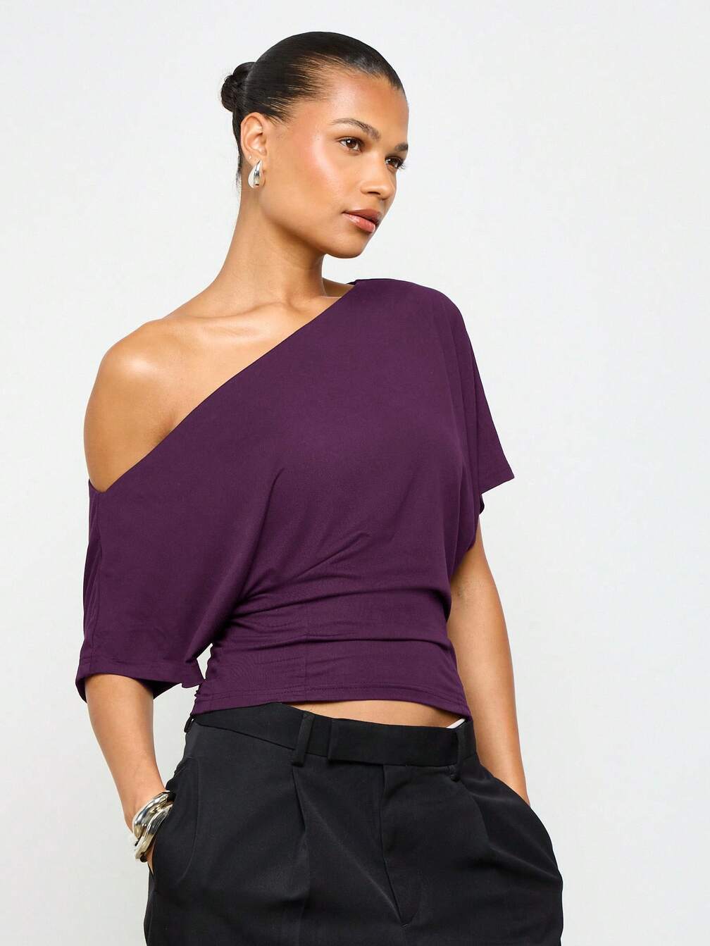 AiiRZ Off Shoulder Fitted Waist Short Sleeve Top With Dolman