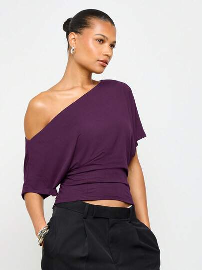 AiiRZ Off Shoulder Fitted Waist Short Sleeve Top With Dolman Sleeves And Asymmetric Neckline For Casual Everyday Wear