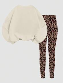 SHEIN Leap Crew 两件套少女休闲宽松加厚柔软舒适圆领长袖卫衣和打底裤，象牙色，豹纹亮片蝴蝶结图案，适合秋冬季穿着 - 彩色 - 查看 2