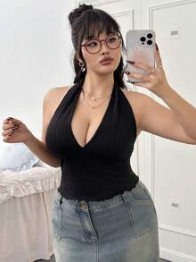 CovetEZ 大码夏季度假风格 V 领细肩带针织背心 - 黑色 - 查看 6