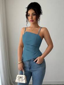 Elenzga Elegante y lindo top de mujer con diseño plisado - Azul - Ver 5