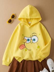 SpongeBob SquarePants | SHEIN Tween Boy Casual Cute Cartoon Print Yellow Sweatshirt Thermal Lined Warm Sweatshirt, Autumn/Winter