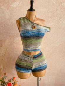Soleia 2 Stücke/Set aus Neckholder-Crop-Top und Shorts aus Ombre-Strickgarn, geeignet für Nachmittagstee, Strand, Meer und andere Urlaubsanlässe. Zweiteiliges Strickset, zweiteiliges Sommerset, Sommer-Loungeset, gestreiftes zweiteiliges Set, kurzes Strickset