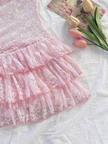 Soleia Elegant Lace Ruffle Trim Jumpsuit, Suitable For Vacation, Spring/Summer Pink Ruffle Dress Frilly Dress Sweetra Dress - Pink - View 3