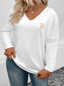 EMERY ROSE Women's Heart Print V-Neck Long Sleeve Plus Size Basic T-Shirt, Popular For Autumn/Winter - White - View 3