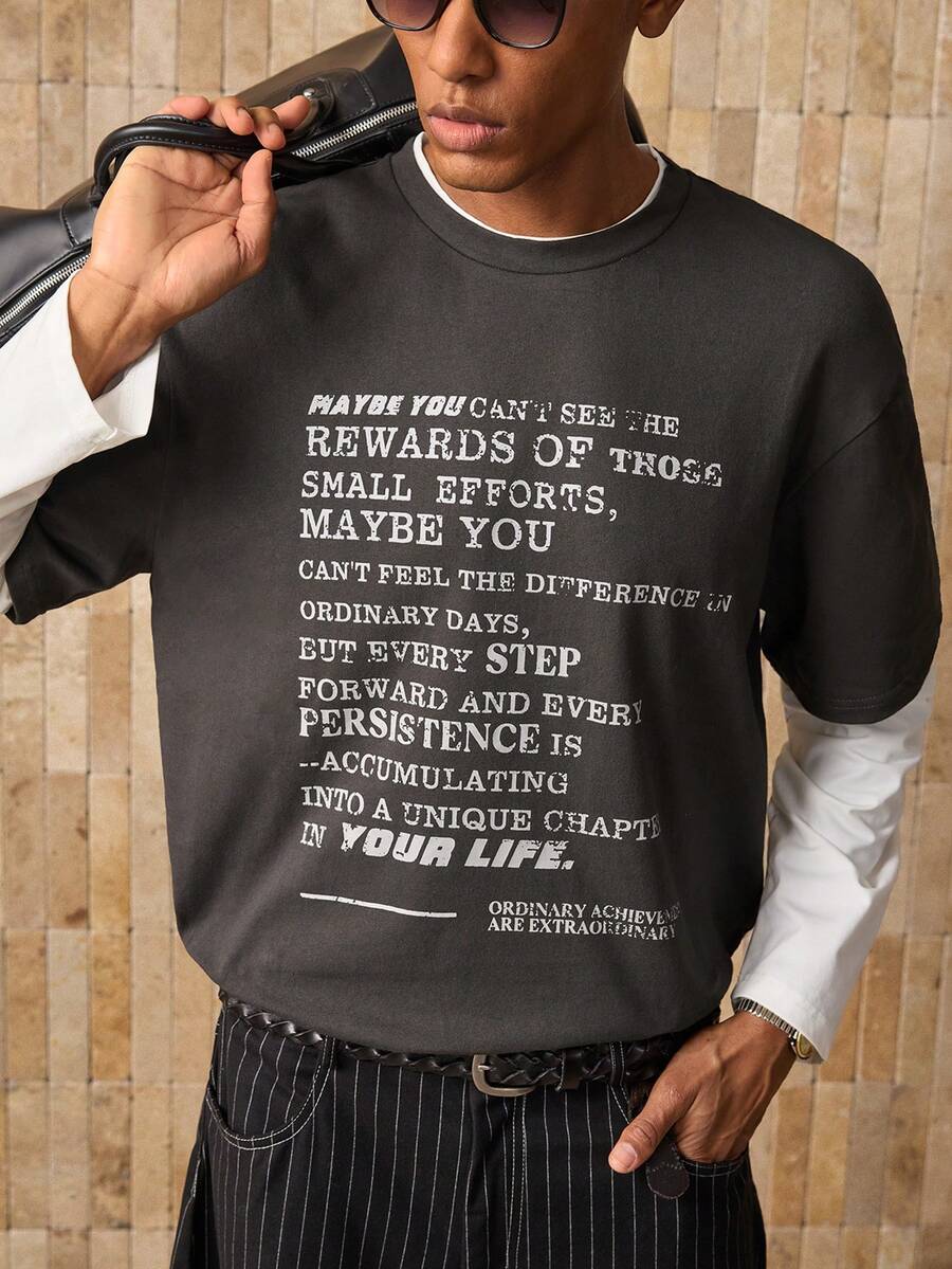 Manfinity Unisex 男士针织休闲日常年轻一代英文文字印花拼接宽松长袖T恤，夏季，学校，秋季 - 灰色 - 查看 1