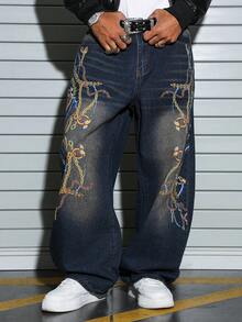 PAVTROS Quần jeans ống đứng phong cách Mỹ cổ điển, in họa tiết dây xích, rách rưới, dành cho nam giới. - Màu xanh lam - Xem 4