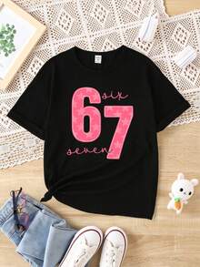 Sparklyn 夏秋女童休闲时尚创意个性清新简约别致数字67粉色星星图案字母标语印花舒适基础款短款T恤，温暖舒适的夏秋款式，适合女孩穿着。 - 黑色 - 查看 3