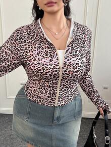 CovetEZ Chaqueta deportiva de talla grande con estampado de leopardo retro elástico y letra YK - Marrón - Ver 11